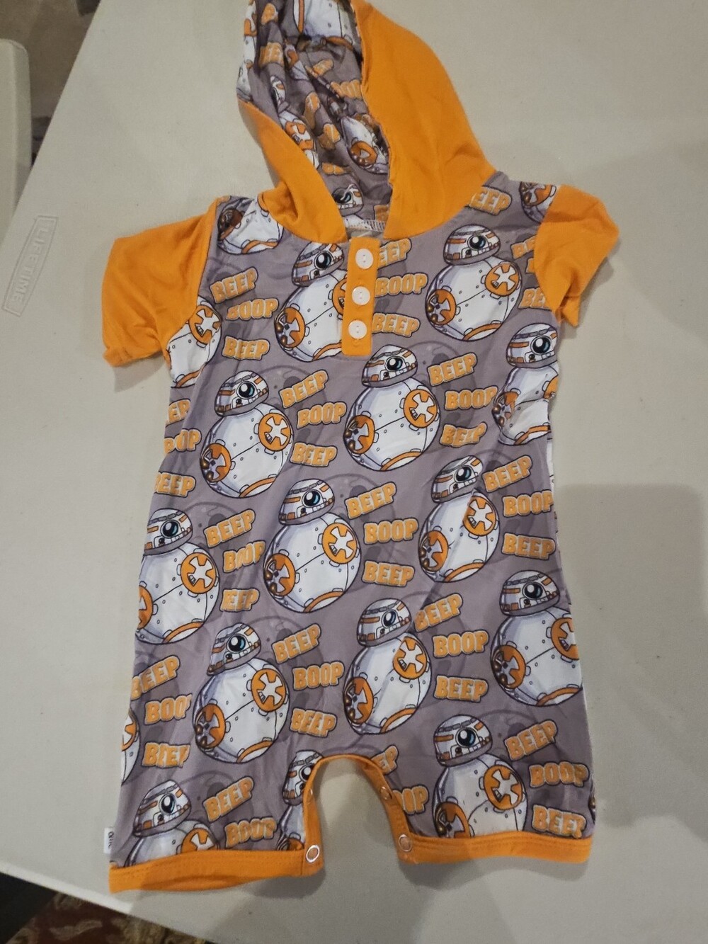 Hooded BB-8 Print Short Sleeve One-Piece Romper - Orange & Gray Bamboo 6 To 12 M